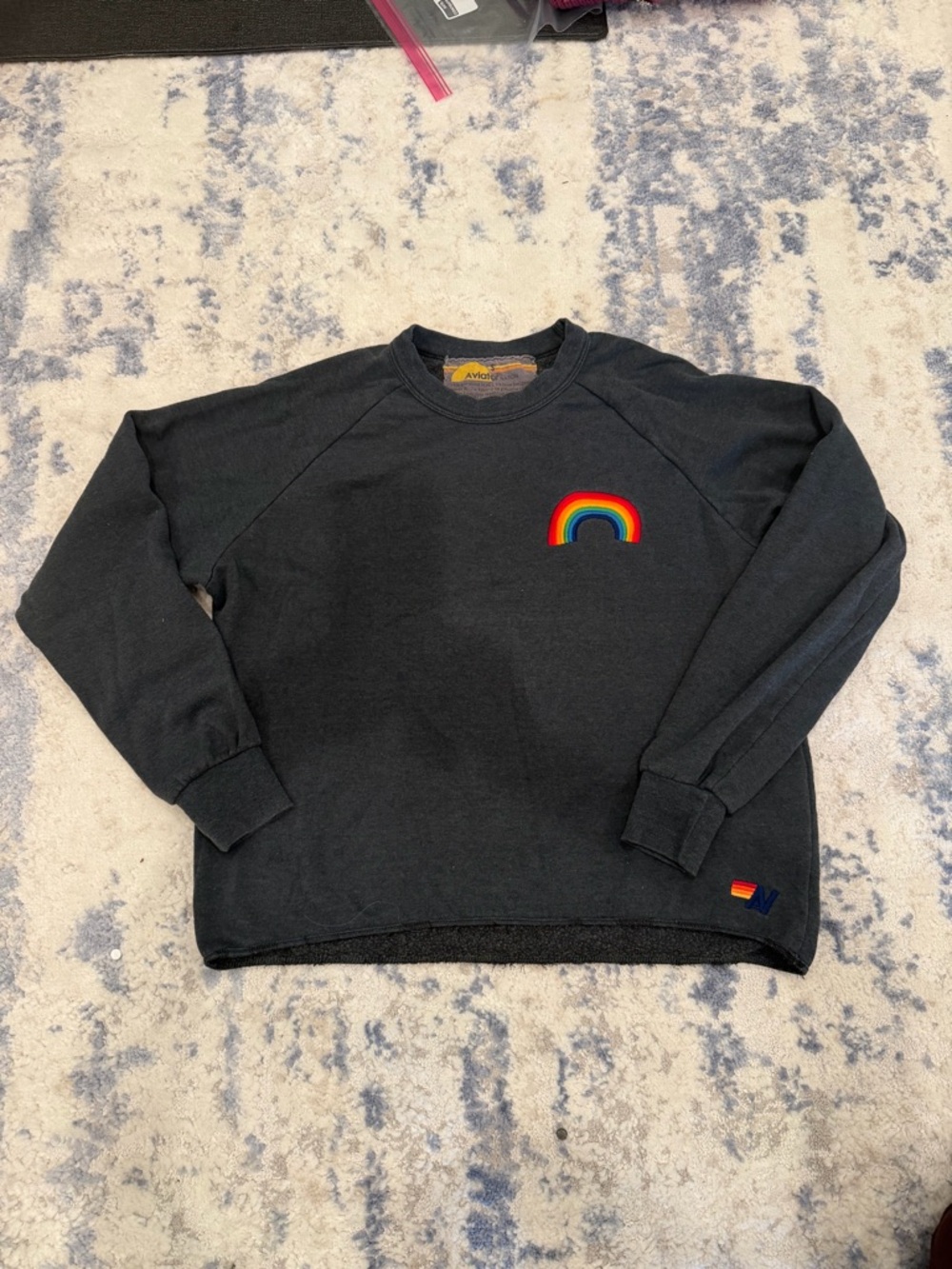 Aviator Nation Washed Black Crewneck with Rainbow Embroidered Patch